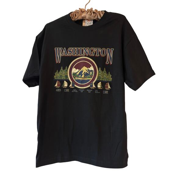 Vintage Washington Seattle T-Shirt Black Mount Rainier Graphic Tee Size Large - Picture 1 of 5